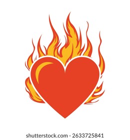 Vetor de coração vermelho em chamas, Ilustração de chama de amor ardente para desenhos amorosos e apaixonados.