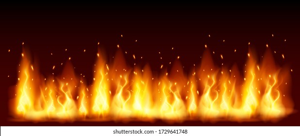 Burning red hot sparks fly from large fire in the night sky. Vector template with flame and particles. Lag Baomer bonfire holiday symbol.