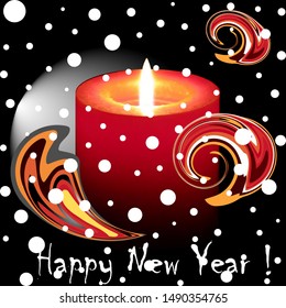 burning red new year candle on a dack background with decorative elements and snow. Sparkling festive red candle. New year greeting card, holiday print, banner. Vector winter design