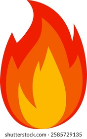 Burning red and orange cartoon fire flames create a large fireball, symbolizing heat and energy, while representing wildfire and bonfire on a clean white background