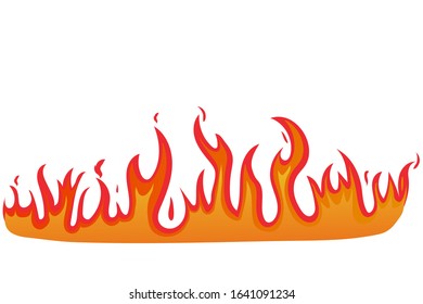 Burning red and orange fire on white isolated background. Nature frame of fire banner. Cartoon Flat fire style. Concept of dangerous energy and power. Burn campfire flame. Hot and glow blaze. Vector.