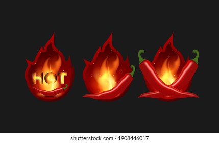 Burning red pepper icons set. Chili peppers on fire. An element for decorating sauces and spicy dishes. Realistic style. Vector illustration.