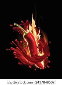 Burning red pepper on a black background.  A special transparent fire effect. Very realistic illustration.