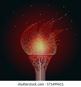 A burning red torch, consists of  printed circuit boards, the flame from the binary code. Artifact from the abstract of cyberspace