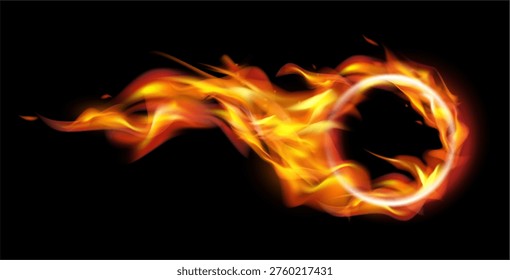 Burning ring of flames and fire. Vector realistic, isolated circle with blazing hellish fire. Blaze and ignition, frame for media or game design elements. Rounded shape with trail effect