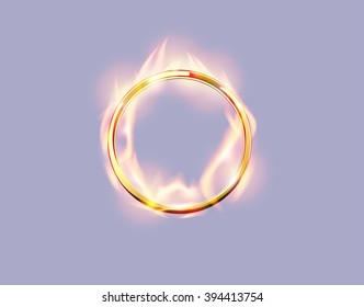 Burning ring on light background. Metal golden round frame with flame spurts. Vector fire glow golden cover.