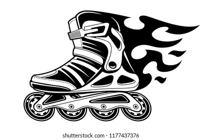 Burning roller skate in motion isolated on white. Black and white vector illustration.