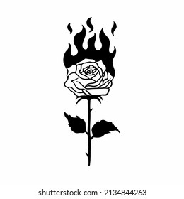 Burning Rose Icon Logo Design  Black   White Decal Stencil Tattoo  Floral Flat Vector Illustration White Background 