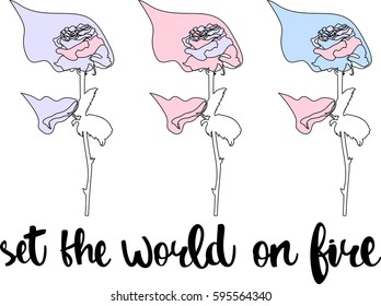 Burning roses with hand drawn calligraphy. Text - ''set the world on fire''