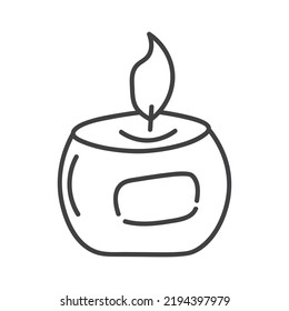 Burning round aroma candle isolated on white background. Vector hand-drawn illustration in doodle style. Aromatherapy, relaxation design element. Suitable for cards, logos, decorations