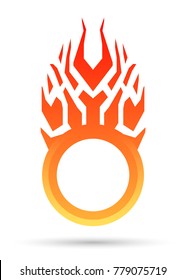 Burning round frame, sale sticker, tag or label. Vector flame logo, icon, symbol design template.