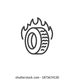 Burning rubber tire line icon. linear style sign for mobile concept and web design. Burning wheel tire outline vector icon. Symbol, logo illustration. Vector graphics