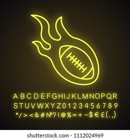 Burning rugby ball neon light icon. Glowing sign with alphabet, numbers and symbols. Vector isolated illustration