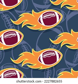 Burning rugby balls repeating tile background. American football balls and fire flames seamless pattern vector image wrapping paper design.