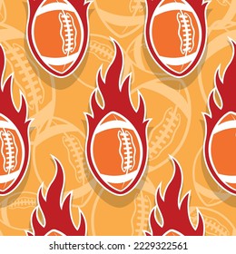 Burning rugby balls repeating tile background. American football balls and fire flames seamless pattern vector image wrapping paper design.