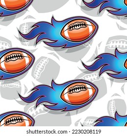 Burning rugby balls repeating tile background. American football balls and fire flames seamless pattern vector image wrapping paper design.