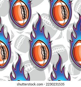 Quemando bolas de rugby repitiendo fondo de azulejos. Balas de fútbol americano y llamas de fuego sin fisuras diseño de papel de envoltura vectorial de imágenes.