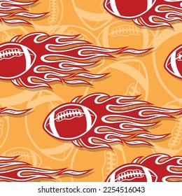 Quemando bolas de rugby repitiendo fondo de azulejos. Balas de fútbol norteamericanas y llamas de fuego tribales se balancean sin fisuras el diseño de papel de envoltura vectorial de imágenes.