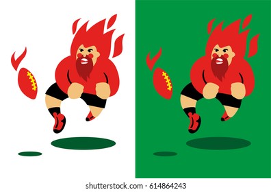 Burning rugby player catching or shooting ball, vector