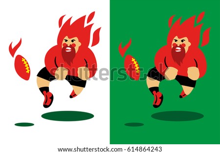 Burning rugby player catching or shooting ball, vector