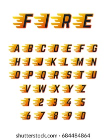 Brennende Briefe mit Flammen. Heissfeuer, Vektorschriftalphabet für Rennwagen. Alphabet-Brief-Bewegung brennen, Schnelligkeit-Flamme-Abbildung