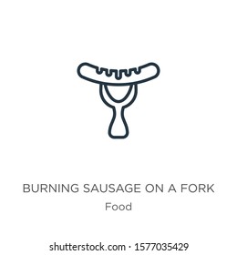 Burning sausage on a fork icon. Thin linear burning sausage on a fork outline icon isolated on white background from food collection. Line vector sign, symbol for web and mobile