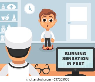 Burning sensation in feet medical concept. Vector illustration. Doctor and patient are talking in the hospital. Isolated on white background.