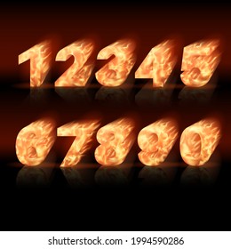 Burning set of numbers. Fiery figures. 3D design elements. Bright vector illustration on a dark background. 