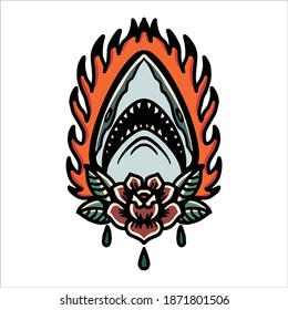burning shark tattoo vector design