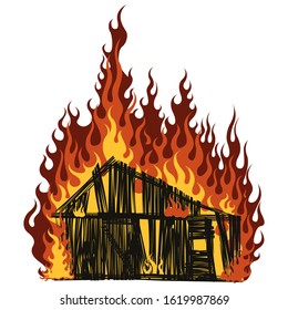 Burning shed. Vector illustration. Isolated on a white background.