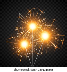 Burning shiny sparkler firework. Bengal fire. Party decor element. Magic light. Realistic light effect. Vector illustration isolated on black background