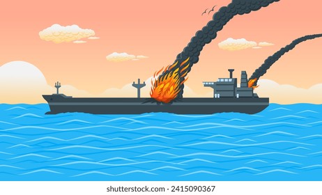 Barco en llamas en el mar. Ilustración del conflicto del Mar Rojo