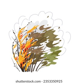 Burning shrub isolated on white background. Wild fire in nature. Smoke in the air. Deciduous plant in flame. Natural disaster and wildfire concept. Simple bush vector flat illustration.