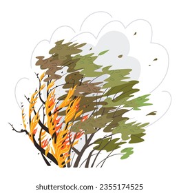 Burning shrub isolated on white background. Wild fire in nature. Smoke in the air. Deciduous plant in flame. Natural disaster and wildfire concept. Simple bush vector flat illustration.