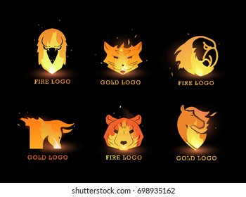 Burning silhouette of animal head logo. Vector fire logo of bull, tiger, cat, eagle, horse isolated