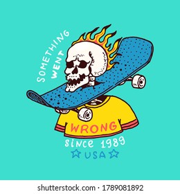 Burning skeleton with a skateboard on the neck. Label for typography. Vintage retro Ride on the boards concept. Template for t-shirt and logo. Hand Drawn engraved sketch for shop, skate club or tattoo