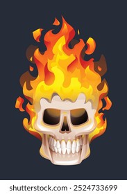 Burning skull with blazing fire. Vector cartoon illustration