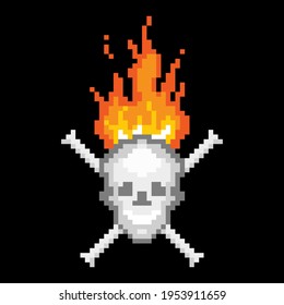 Burning skull with bones pixel icon. Smiling bone head with crossed bones and blazing hellfire scary pirate vector thugs symbol.