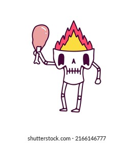 Burning skull character holding fried chicken, illustration for t-shirt, sticker, or apparel merchandise. With doodle, retro, and cartoon style.