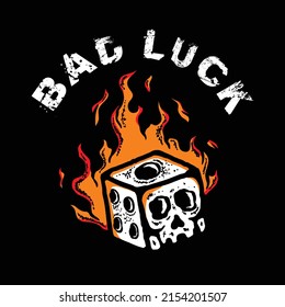 burning skull dice illustration with grunge effect and vintage style