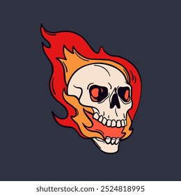 Burning skull in fire flames, death and horror symbol. Hot skeleton head with aggressive dead energy, blaze. Spooky creepy evil retro tattoo design. Drawn vector illustration in vintage style