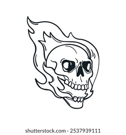 Burning skull with fire flames, ink drawing. Vintage skeleton, dead head bone, detailed tattoo design in creepy haunted style. Hand-drawn engraved vector illustration isolated on white background