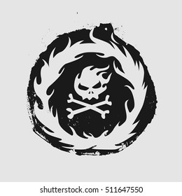 Burning Skull Grunge style round badge.