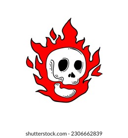 Burning Skull Head Illustration hand drawn stylized for T-shirt, sticker or apparel merchandise 