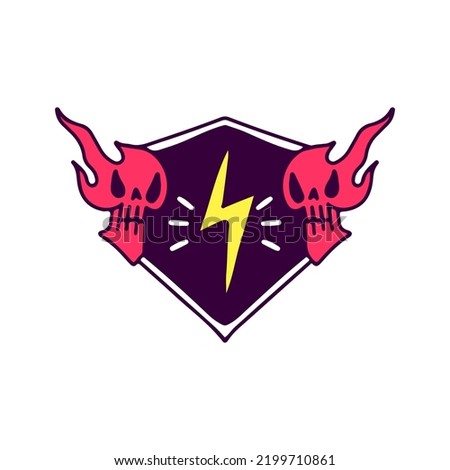 Burning skull head and thunder symbol cartoon, illustration for t-shirt, sticker, or apparel merchandise. With modern pop style.
