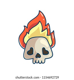 Burning skull icon. Skeleton with flame cartoon temporary tattoo design. Fire biker logo vector illustration. 