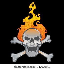 Burning skull on black background. Tattoo style.