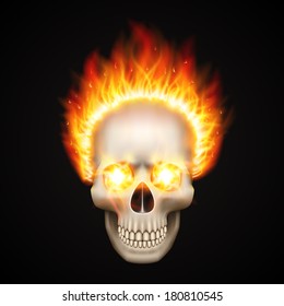 Burning skull on black background. Vector illustration
