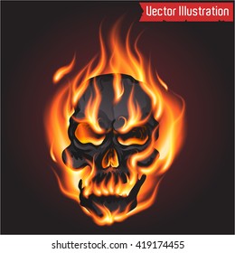 Burning skull on black background. Tattoo style.