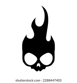 Burning skull on fire, skull icon illustration. Gothic design for prints. Comic style. Sticker for Horror or Halloween. Hand drawing illustration isolated on white background. Vector EPS 10